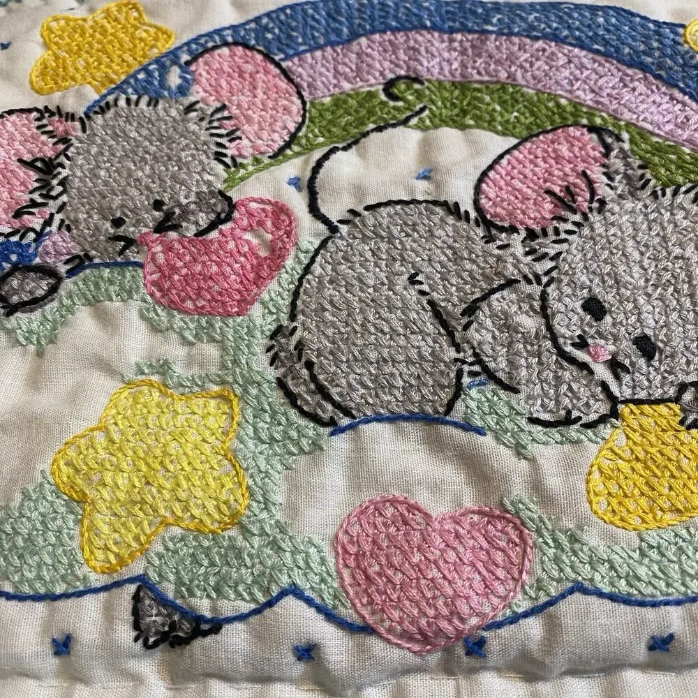 Vintage 1970s Crib Baby Coverlet Embroidery Needlepoint Novelty Quilted Blanket